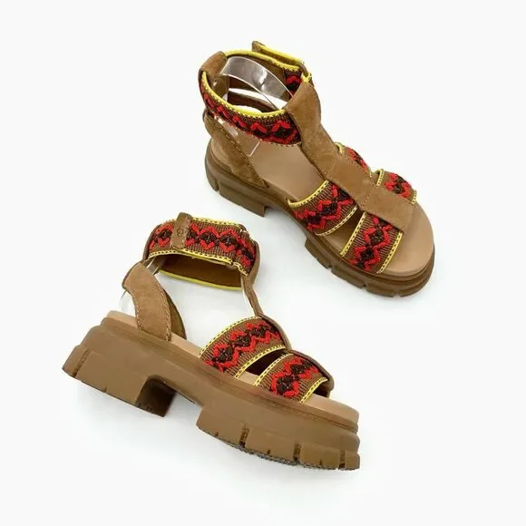 UGG Ashton Heritage Ankle Strap Lug Heel Chunky Sandals Size 7 Crochet Brown Red - Picture 11 of 11